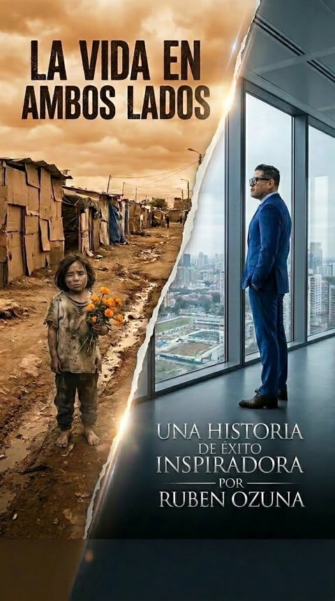 Split-screen poster showing poverty on the left and wealth on the right, with Spanish text La Vida en Ambos Lados (Life on Both Sides), featuring a child with flowers in a shantytown and a man in a high-rise office overlooking a city